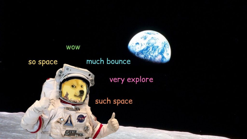 A meme of a dog on the moon with Earth in the background with the captions so space, wow, much bounce, very explore, such space