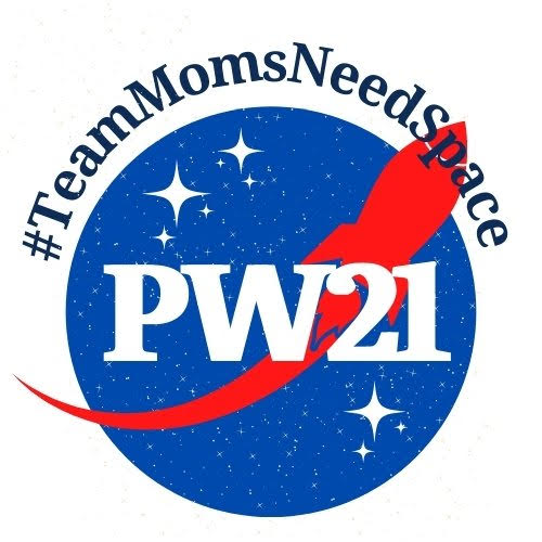 Our team logo, which resembles the NASA meatball, with the hashtag TeamMomsNeedSpace and PW21. 