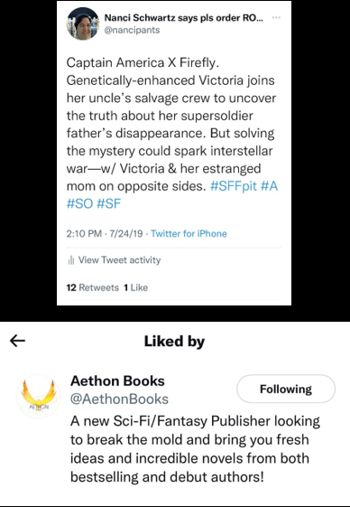 Tweet from #SFFPit that was liked by Aethon Books.
"Captain America X Firefly. Genetically-enhanced Victoria joins her uncle's salvage crew to uncover the truth about her supersoldier father's disappearance. But solving the mystery could spark interstellar war--w/ Victoria & her estranged mom on opposite sides. #SFFPit #A #SO #SF"